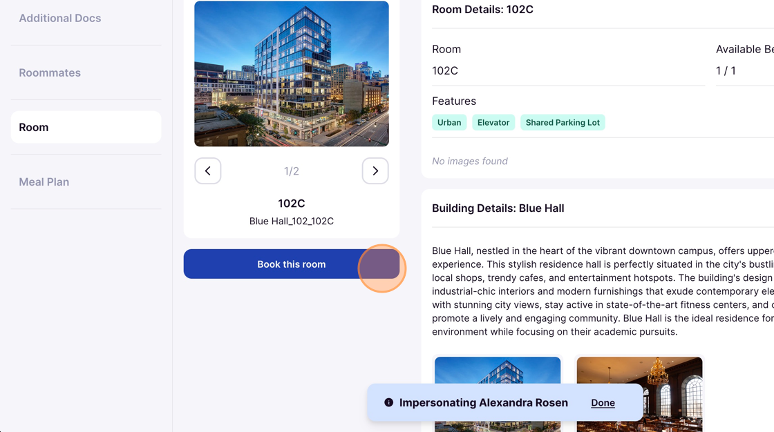 Screenshot of page to book a room